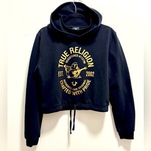 True Religion Buddha Mock Hood Tie Front Cropped Sweatshirt Large